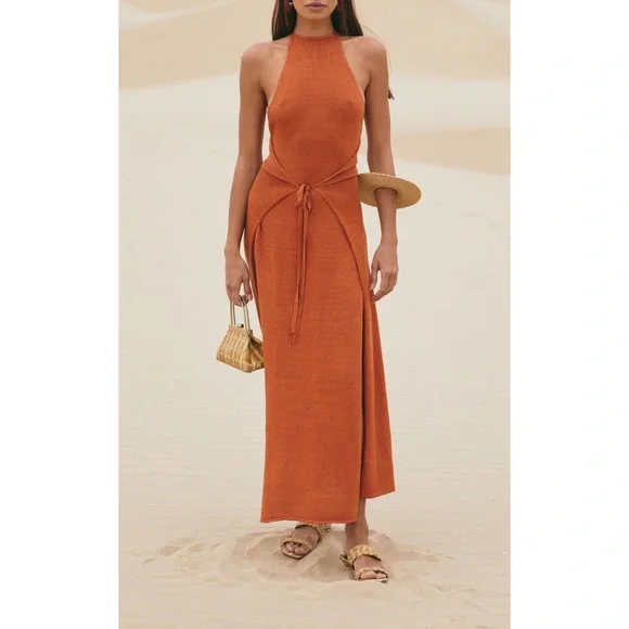 brown halter maxi dress Smocked LATTICE Back Halter Maxi Brown Dress Large main image 1